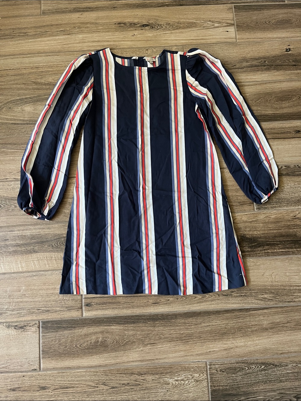 Daniel Cremieux Navy Red White Tan Striped Puff-Sleeve Shift Dress EUC